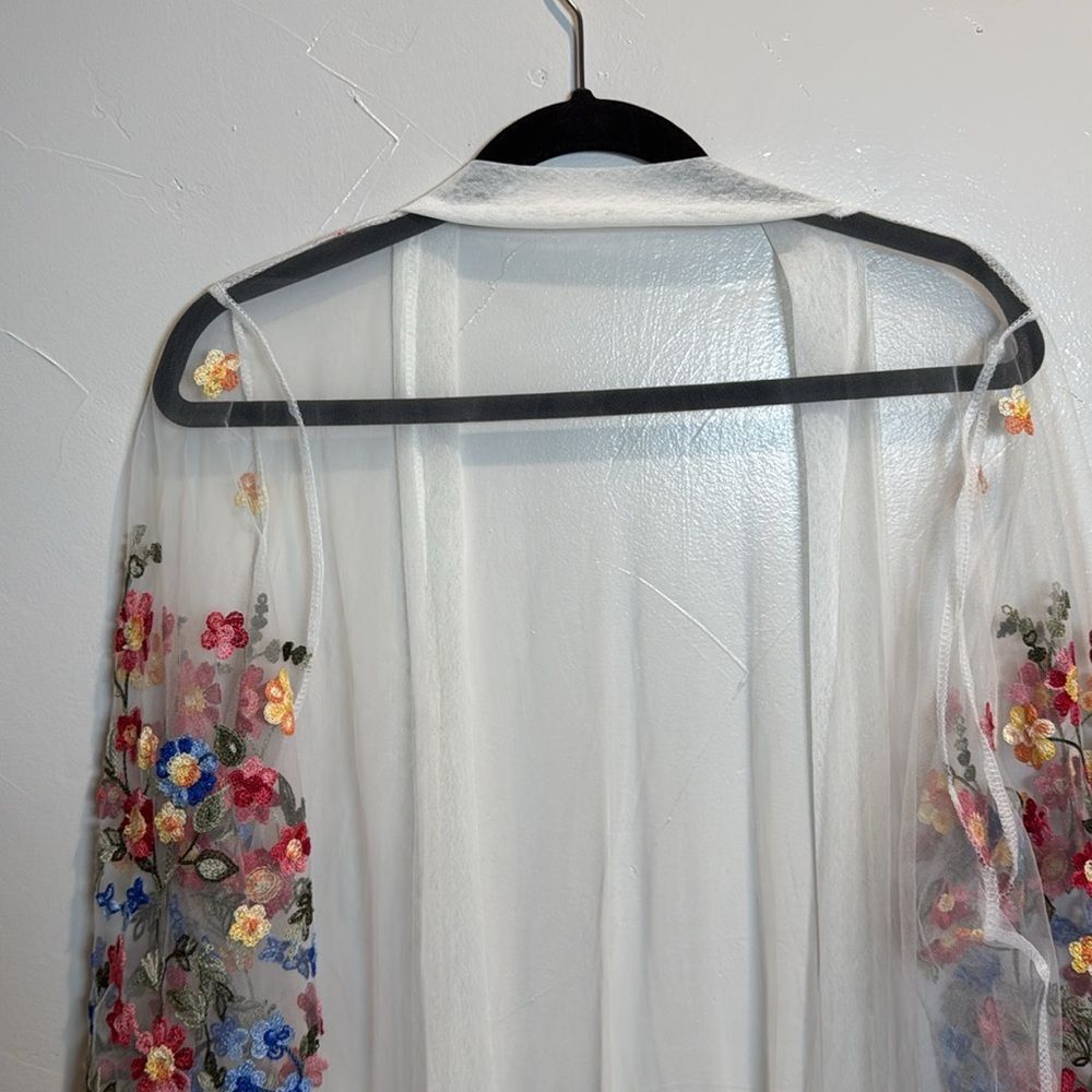 Kimono Sheer White Floral Embroidery Wedding Bridal Spring Shower Beach Boho - Picture 8 of 12
